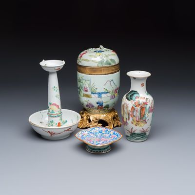 Four Chinese famille rose wares, one with gilt-bronze mounts, 19th C.