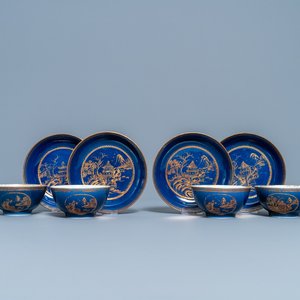 Four Chinese gilt-decorated blue-ground cups and saucers with fine landscapes, Qianlong — photo 1
