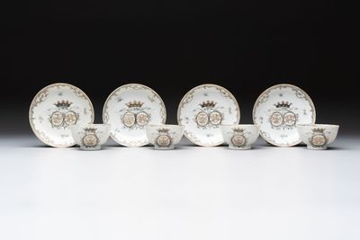Four Chinese grisaille and gilt-decorated monogrammed cups and saucers, Qianlong, dated 1778