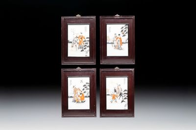 Four Chinese grisaille and iron-red-decorated 'Eight Immortals' plaques with wooden frame, signed Nanshan Laoren 南山老人, dated 1916