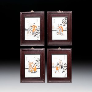 Four Chinese grisaille and iron-red-decorated 'Eight Immortals' plaques with wooden frame, signed Nanshan Laoren 南山老人, dated 1916 — 照片 1