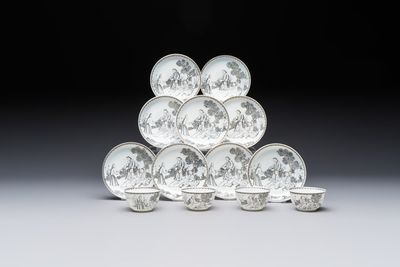 Four Chinese grisaille 'Western subject' cups and nine saucers, Qianlong