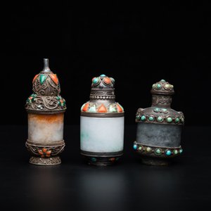 Four Chinese inlaid silver-mounted jade snuff bottles, 19/20th C. — 照片 3