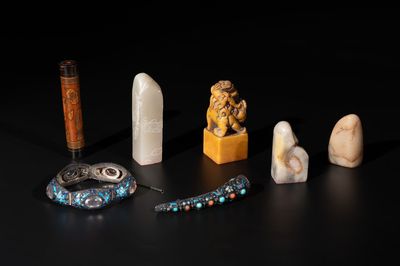 Four Chinese jade seals, a bamboo incense tube and two enamelled silver wares, 19th C.