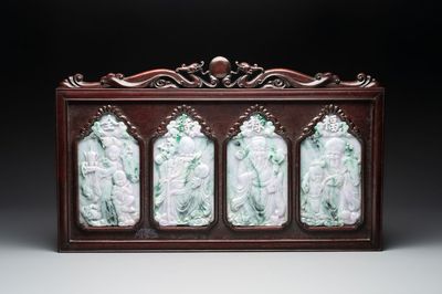 Four Chinese lavender and green jadeite 'Fu Lu Shou Quan 福祿壽全' plaques mounted in a hongmu frame, 19th/20th C.