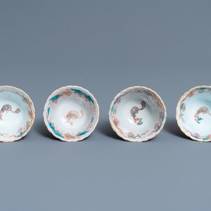 Four Chinese lotus-moulded famille rose cups and saucers with squirrels, Yongzheng — photo 8