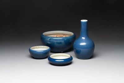 Four Chinese sacrificial blue-glazed wares, Qianlong mark, 18/19th C.
