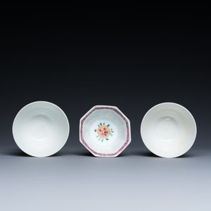 Four Chinese saucers and three cups in blue and white, doucai and famille rose porcelain, Kangxi and later — 照片 8