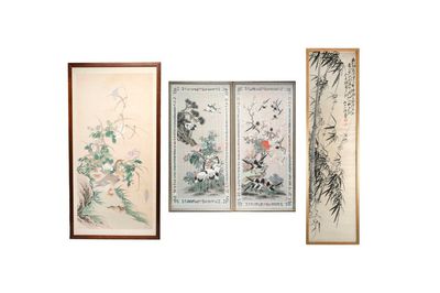 Four Chinese school paintings: 'Magpie', 'Cranes' and 'Bamboo', ink and colour on paper, signed Yutianshi 雨田氏, dated 1919