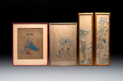 Four Chinese school paintings: ‘Zhou Dunyi 周敦頤’, ‘Magu’, and ‘Ladies in a Garden’, ink and colour on silk, 19/20th C.