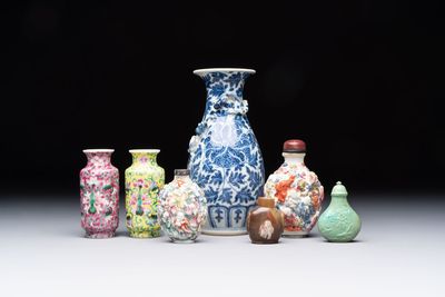 Four Chinese snuff bottles and three vases, 19th C.