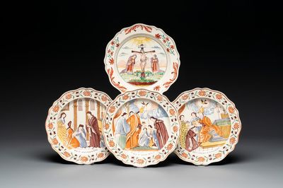 Four Dutch-decorated English 'religious subject' creamware plates, 18th C.