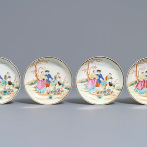Four fine Chinese famille rose 'European subject' cups and saucers, Qianlong — photo 2