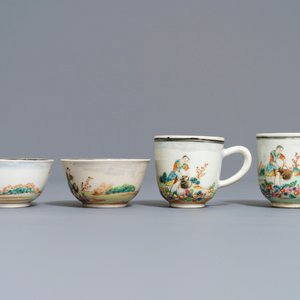 Four fine Chinese famille rose 'European subject' cups and saucers, Qianlong — photo 6