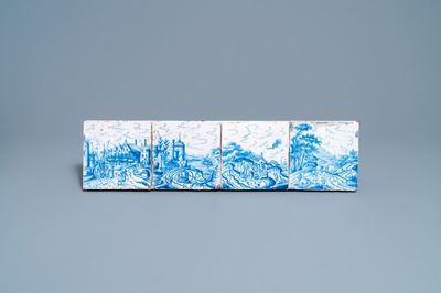 Four fine Dutch Delft blue and white 'open landscape' tiles, 18th C.