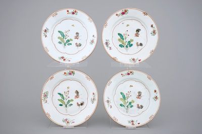 Four good Chinese famille rose plates with cocks, 18th C.