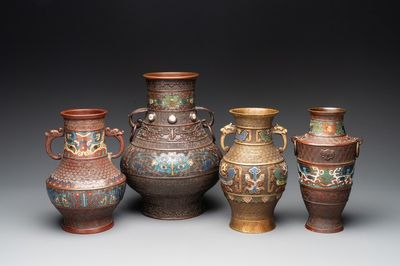 Four Japanese archaistic champlevé vases, Meiji, 19/20th C.