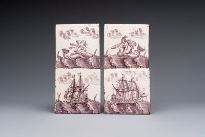 Four manganese Dutch Delft 'Sea Creatures' and 'Ship' tiles, 17th C.