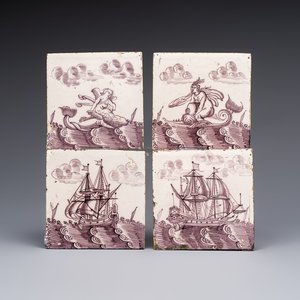 Four manganese Dutch Delft 'Sea Creatures' and 'Ship' tiles, 17th C. — photo 1