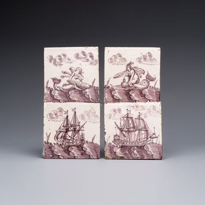 Four manganese Dutch Delft 'Sea Creatures' and 'Ships' tiles, 17th C.