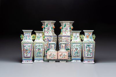 Four pairs of Chinese famille rose vases, 20th C.