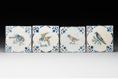 Four polychrome Dutch Delft 'bird' tiles, 17th C.