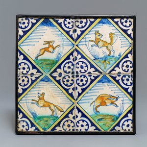 Four polychrome Dutch Delft 'boar, fox and rabbit' tiles, ca. 1600 — photo 1