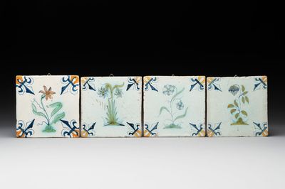 Four polychrome Dutch Delft 'flower' tiles, 17th C.