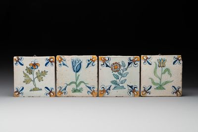 Four polychrome Dutch Delft 'flower' tiles, 17th C.