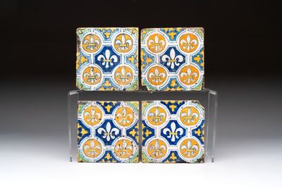 Four polychrome Dutch Delft 'French lilies' tiles, ca. 1600