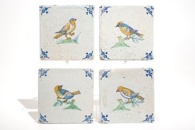 Four polychrome Dutch Delft tiles with birds, 17th C.
