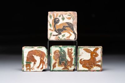 Four polychrome Spanish tiles with animals, 16/17th C.