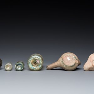 Four Roman glass bottles, two pottery oil lamps and a bowl — photo 8