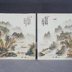 Four square Chinese qianjiang cai landscape plaques, 20th C. — 照片 29