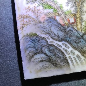 Four square Chinese qianjiang cai landscape plaques, 20th C. — 照片 6