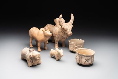 Four terracotta sculptures of animals and two bowls, Indus Valley, Iran, Pakistan and Afghanistan, 29th/3rd C. B.C.