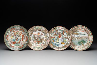 Four unusual Chinese Canton famille rose plates, 19/20th C.