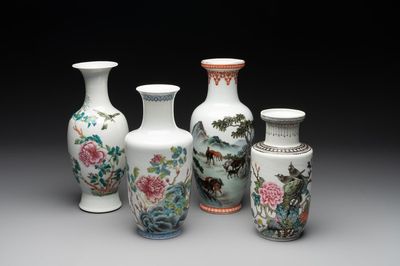 Four various Chinese famille rose vases, Qianlong mark, 20th C.