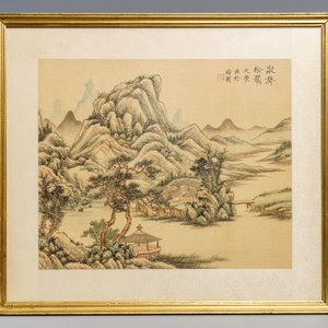 Four various framed Chinese mountainous landscape paintings, ink and color on silk, 20th C. — 照片 4