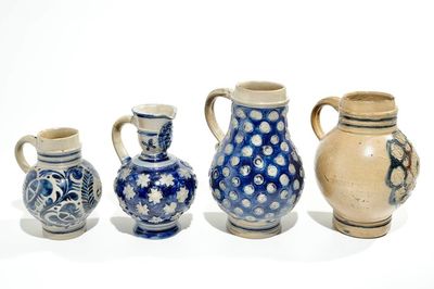Four Westerwald stoneware jugs, Germany, 17th C.