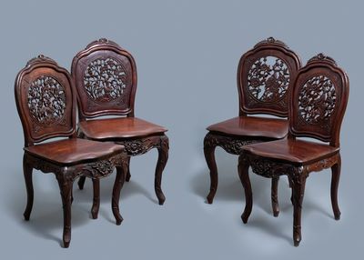 Four wooden chairs with reticulated backs, Macao or Portuguese colonial, 19th C.
