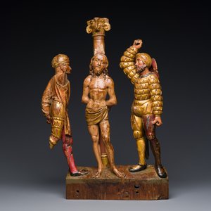 Fragment de retable en bois polychromé et doré à décor de 'La flagellation du Christ', probablement Anvers, début du 16ème — photo 1