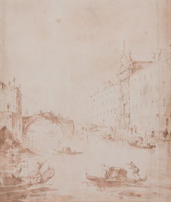 Francesco Guardi (1712-1792, toegeschr. aan): Gezicht op de Rio dei Mendicanti, Venetië, bruine inkt op papier, ca. 1780