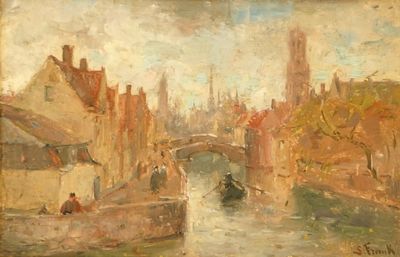 Frank, Lucien (Belgique, 1857-1920), Une vue sur la Groenerei à Bruges, huile sur panneau