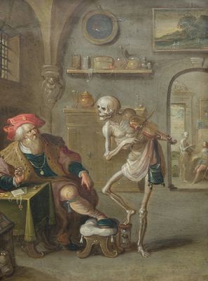 Frans Francken II (1581-1642) en atelier: 'De dood en de vrek', olie op koper