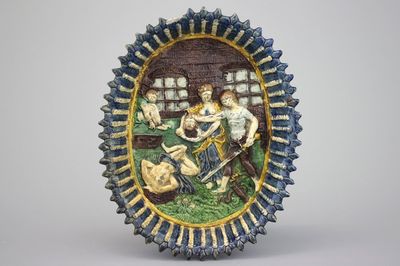 Franse ovalen schotel op voetje met decor "De Onthoofding van Holofernes", Palissy school, 17e eeuw