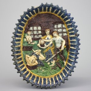 Franse ovalen schotel op voetje met decor "De Onthoofding van Holofernes", Palissy school, 17e eeuw — foto 1