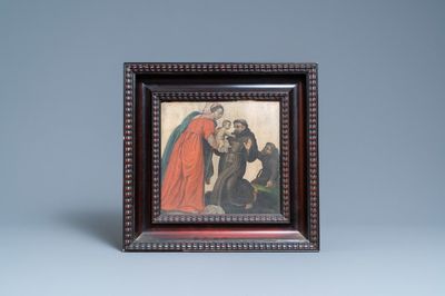 Franse school, schildering op steen, 17e eeuw: de Maagd Maria vertrouwt het Kind toe aan Sint-Domenicus