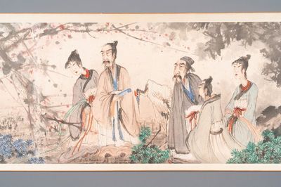 Fu Baoshi 傅抱石 (1904-1965): 'Rassemblement des lettrés', encre et couleur sur papier, datée 1943