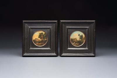 German School: a pair of 'Landscapes with Travellers', oil on paper mounted on board, 18th C.